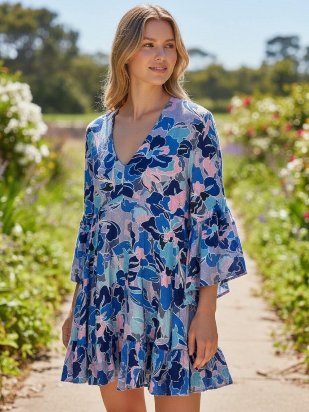 Anthropologie Label of Love Floral V-Neck Mini Dress Coverup in Blue and Pink, M